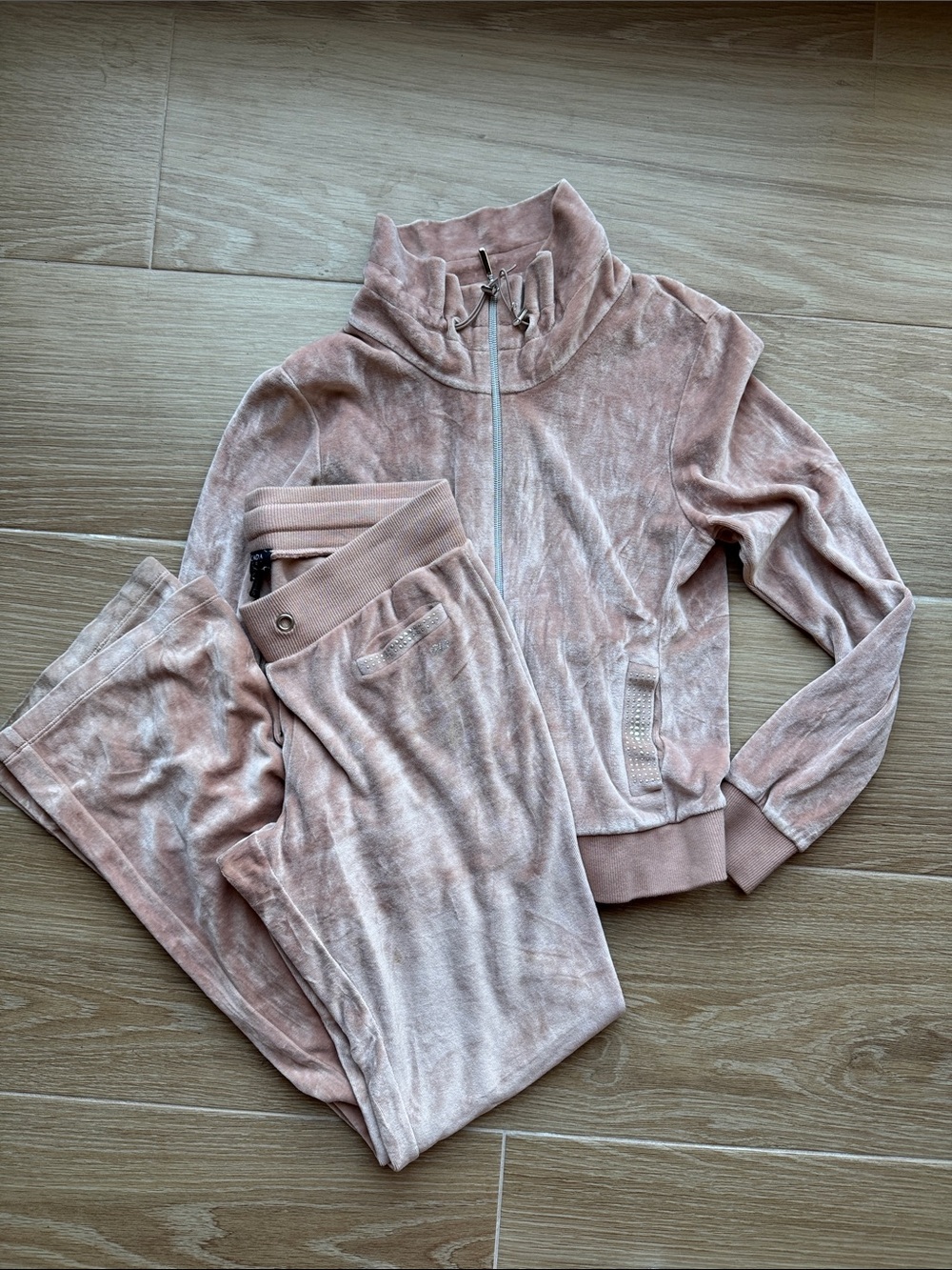 VTG Escada sport SET BABY Pink Velour Track Suit Two Piece jacket rhinestone